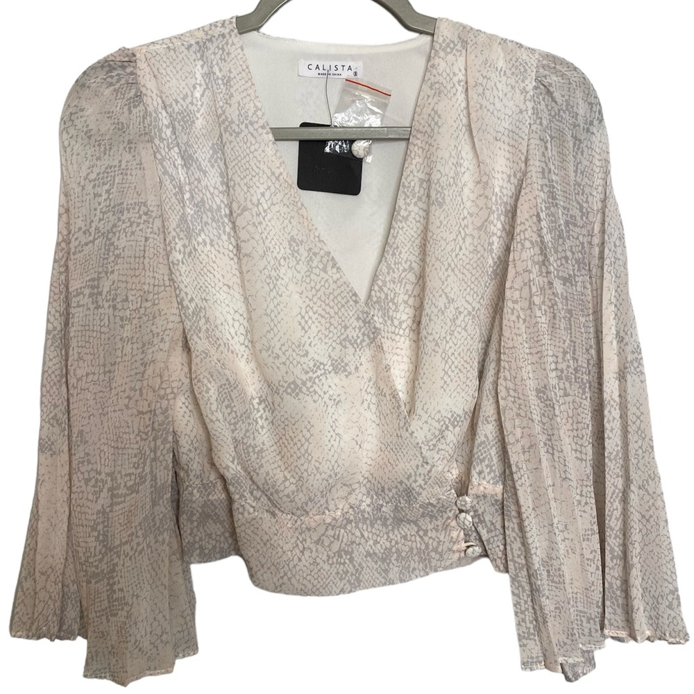 NWT CALISTA Cream & Silver Snakeskin Print Blouse w/Pleated Sleeves Size S